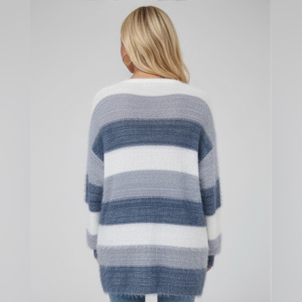 Blue Drop Shoulder Open Front Fluffy Knit Cardigan - Picture 4 of 9